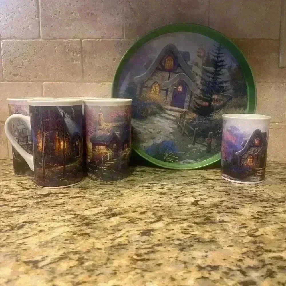 Vintage Thomas Kinkade Coffee Set - 5 Coffee Mugs and Serving Tray
